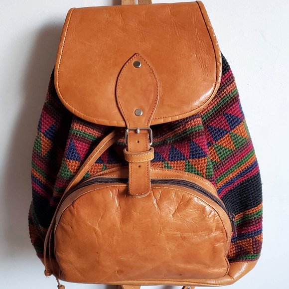 Guatemala Handbags - UNISEX Convertible Guatemala BACKPACK Genuine Leather Cotton Handwoven Ethnic